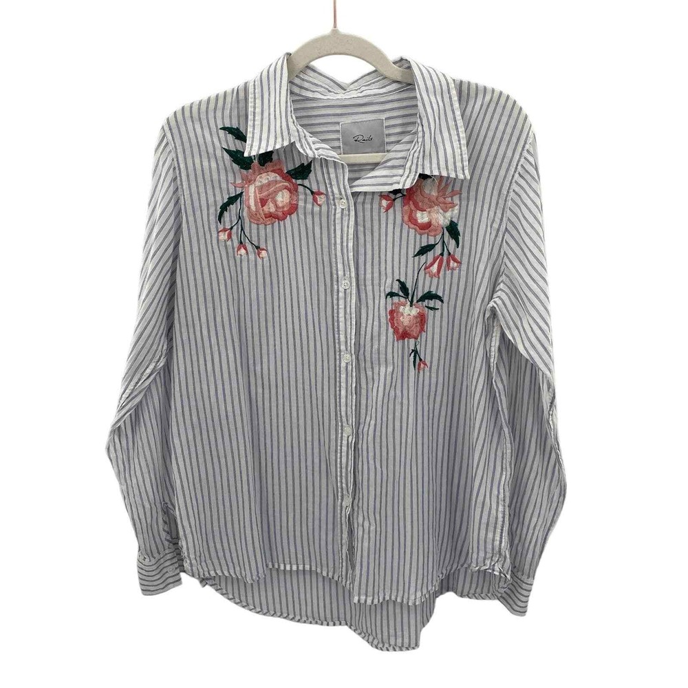 Rails Nevin Shirt Womens Large White Blue Stripe Pink Embroidered Floral Cotton